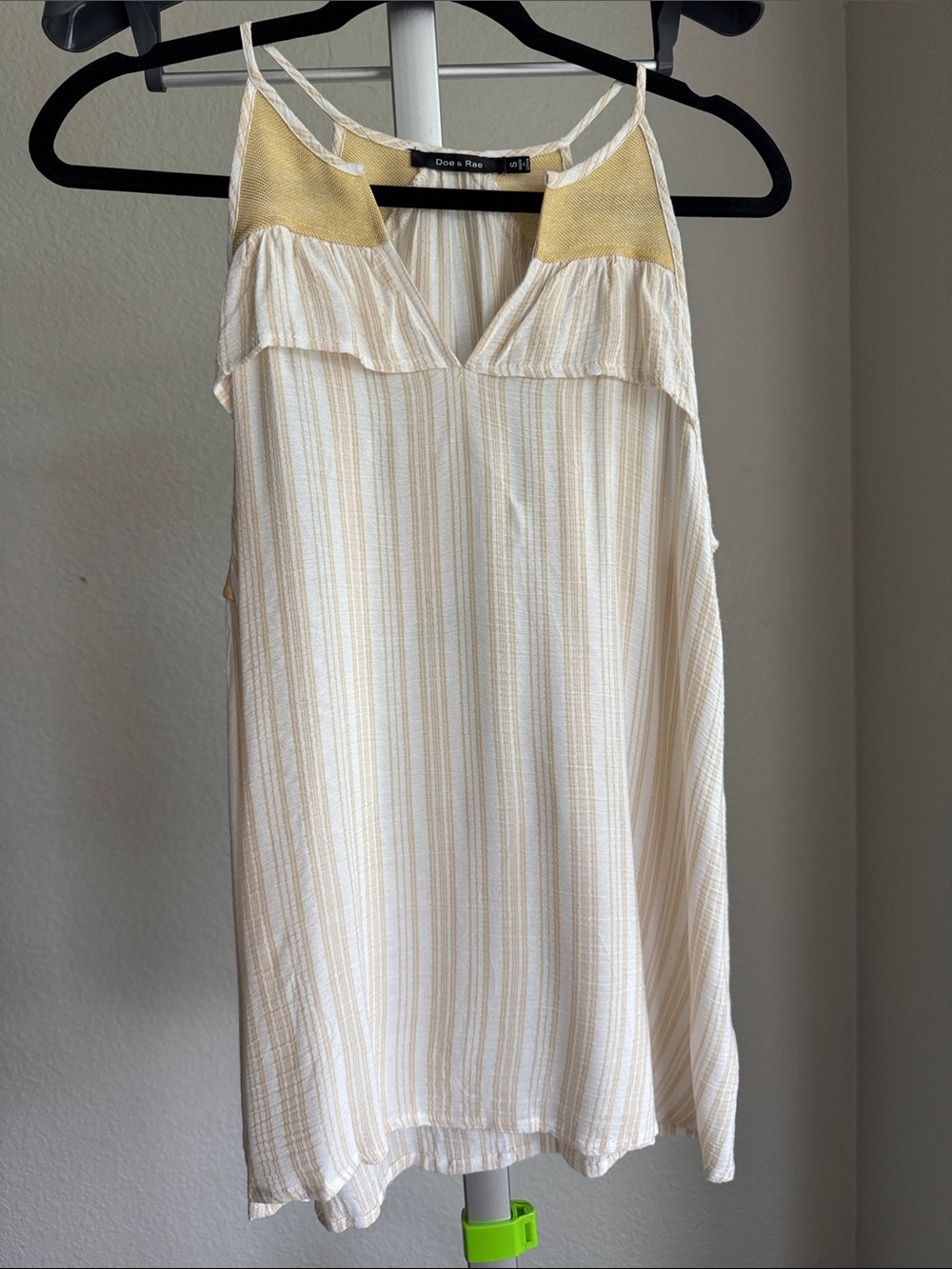 Doe & Rae Cream and Yellow Striped Ruffle-Front Dress SZ-S